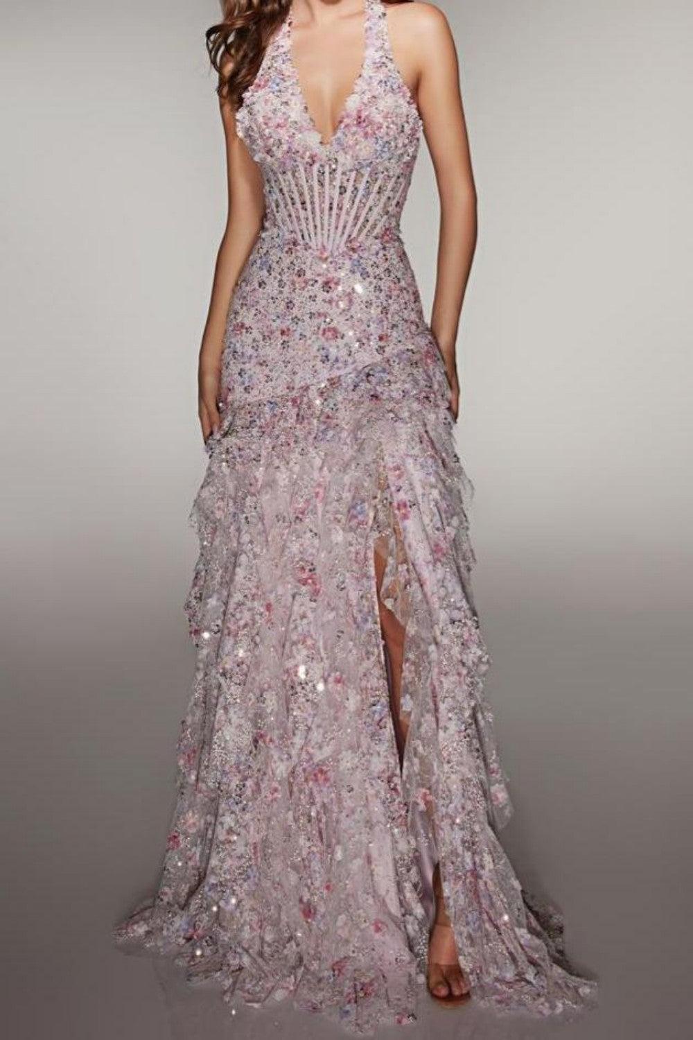 Dressystars Halter Sequin Prom Dress With Corset Bodice High Slit & Ruffle Skirt Formal Evening Gown