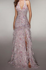 Dressystars Halter Sequin Prom Dress With Corset Bodice High Slit & Ruffle Skirt Formal Evening Gown