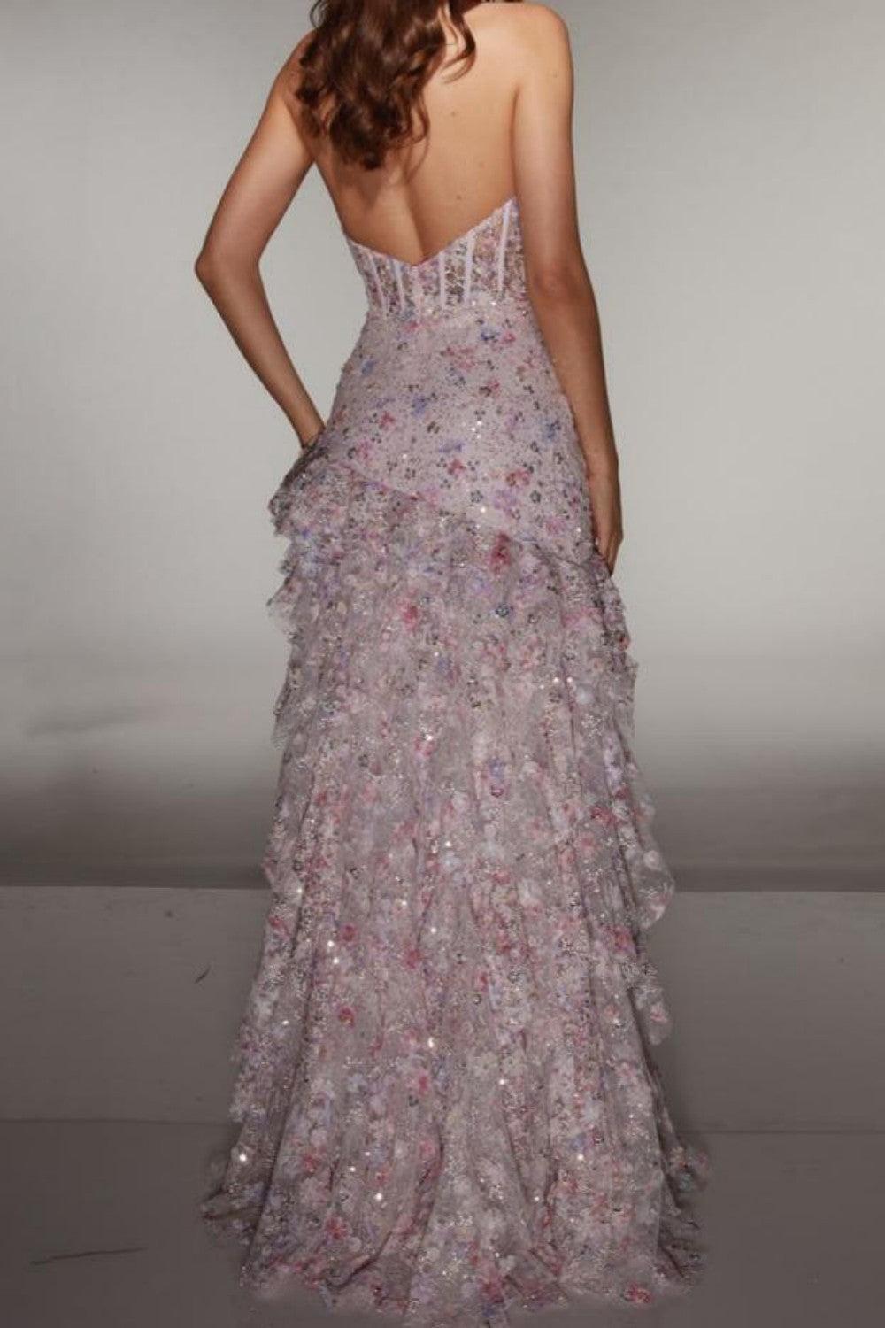 Dressystars Halter Sequin Prom Dress With Corset Bodice High Slit & Ruffle Skirt Formal Evening Gown