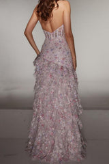 Dressystars Halter Sequin Prom Dress With Corset Bodice High Slit & Ruffle Skirt Formal Evening Gown