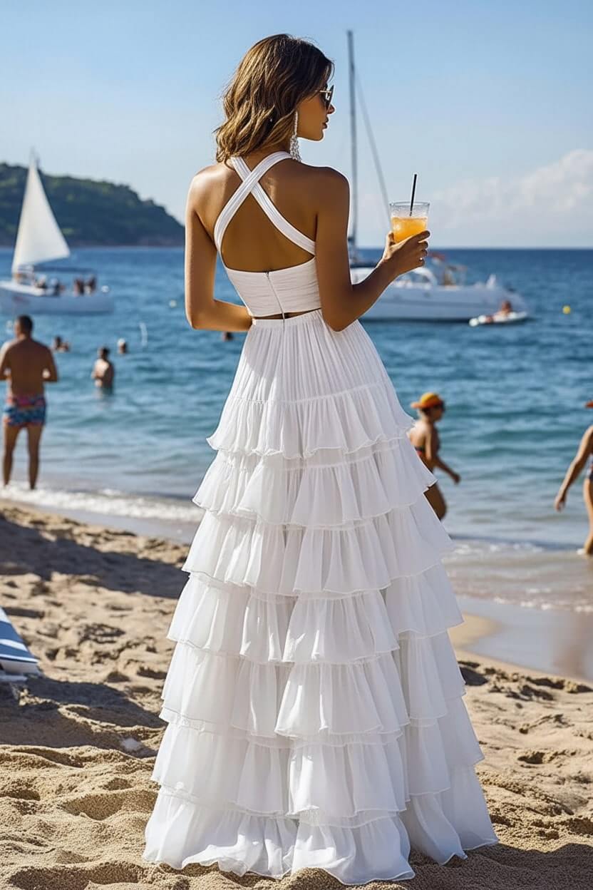 Dressystars Halter Tiered White 2 Piece Ruffled Formal Dress