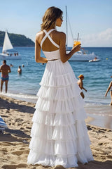 Dressystars Halter Tiered White 2 Piece Ruffled Formal Dress