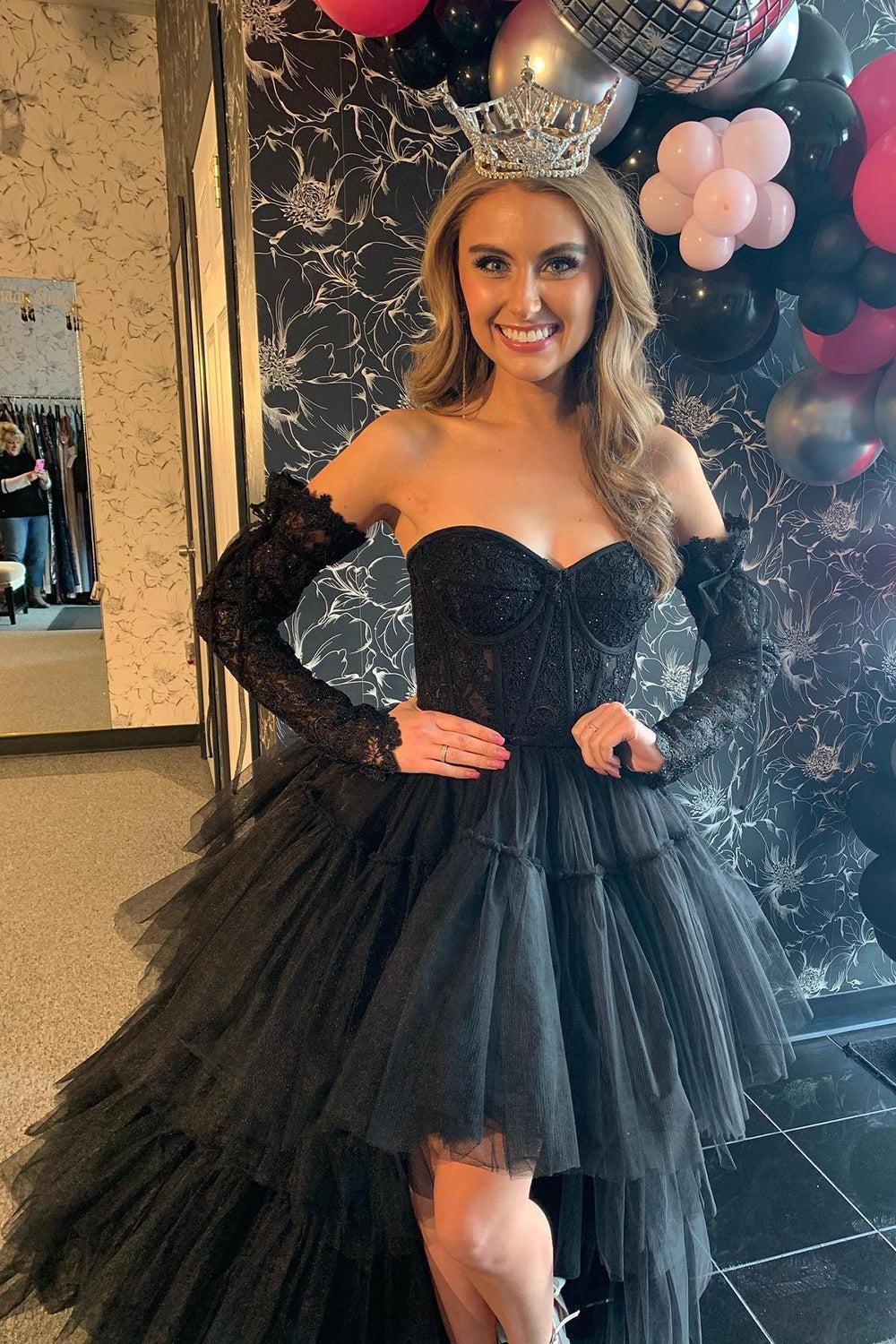 Dressystars High Low Prom Dress Hot Pink Detachable Sleeves Corset Homecoming Dress with Lace
