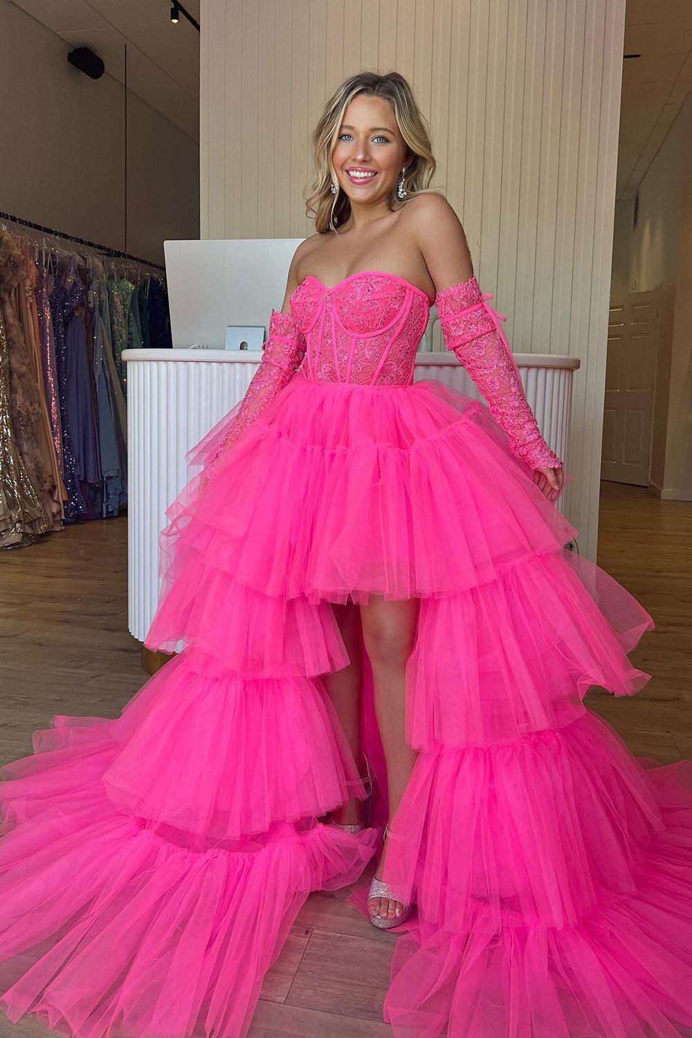 Dressystars High Low Prom Dress Hot Pink Detachable Sleeves Corset Homecoming Dress with Lace