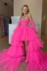 Dressystars High Low Prom Dress Hot Pink Detachable Sleeves Corset Homecoming Dress with Lace
