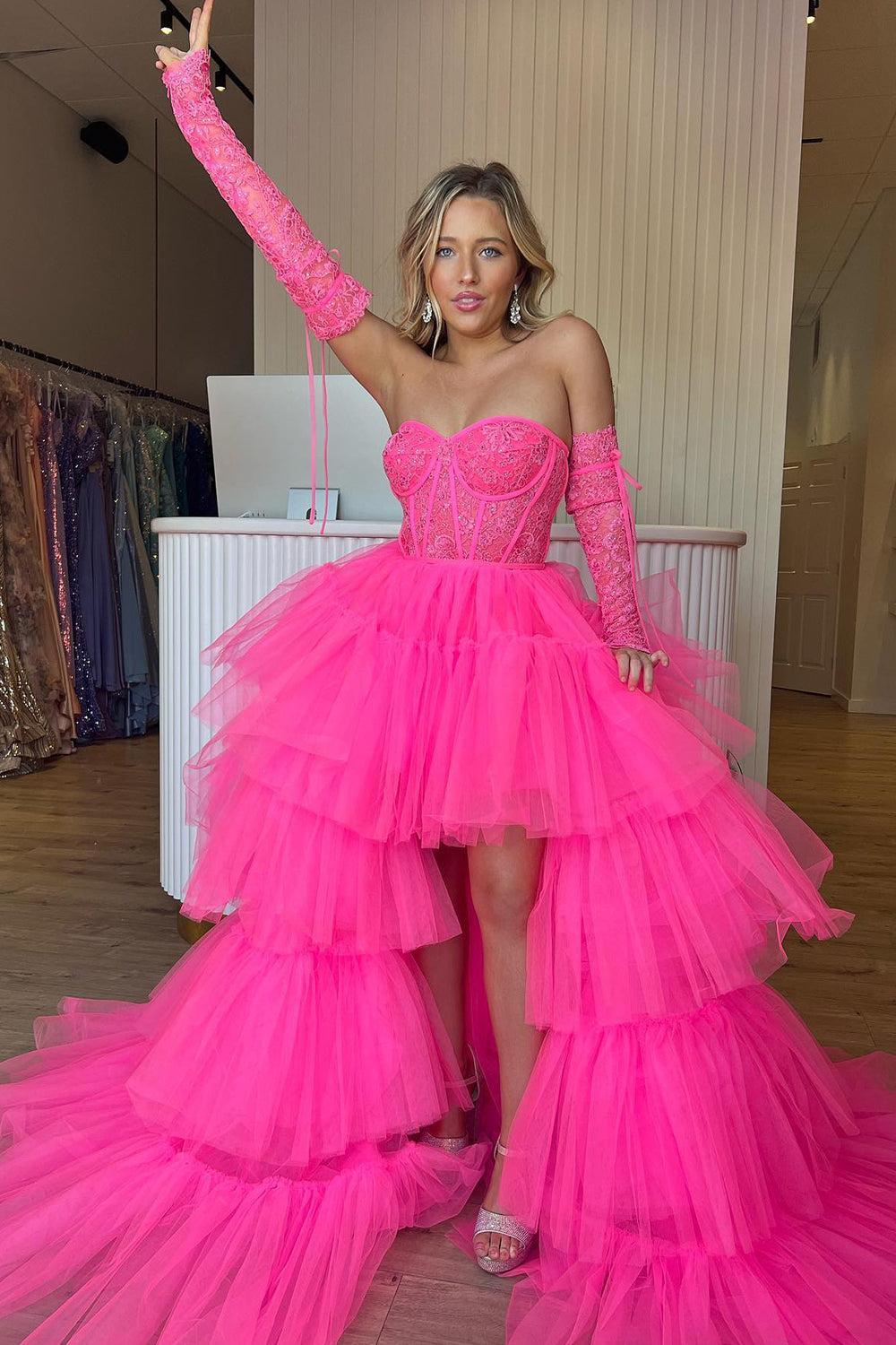 Dressystars High Low Prom Dress Hot Pink Detachable Sleeves Corset Homecoming Dress with Lace