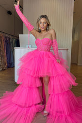 Dressystars High Low Prom Dress Hot Pink Detachable Sleeves Corset Homecoming Dress with Lace