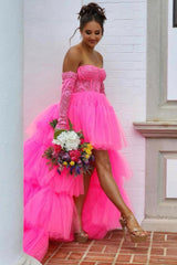 Dressystars High Low Prom Dress Hot Pink Detachable Sleeves Corset Homecoming Dress with Lace
