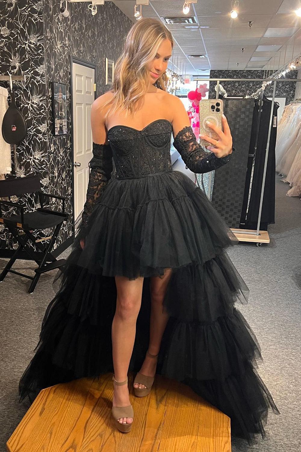 Dressystars High Low Prom Dress Hot Pink Detachable Sleeves Corset Homecoming Dress with Lace