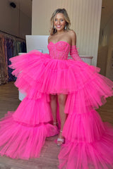 Dressystars High Low Prom Dress Hot Pink Detachable Sleeves Corset Homecoming Dress with Lace
