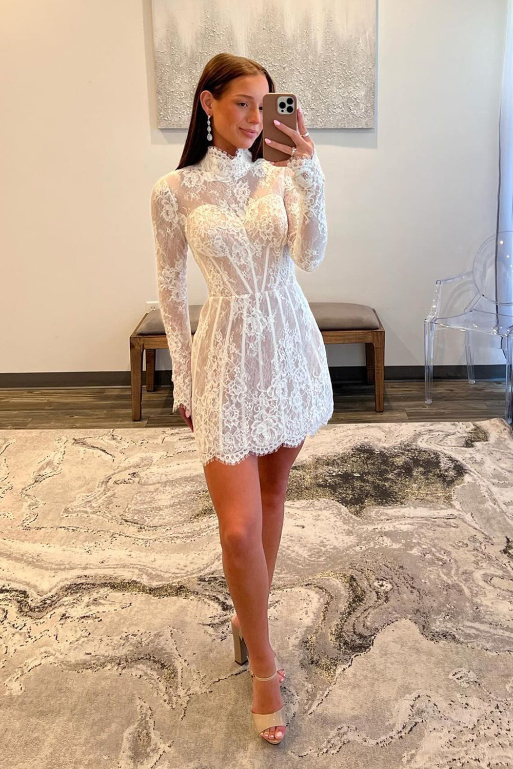Dressystars Homecoming Dress Long Sleeves A Line Short Prom Dress With Lace