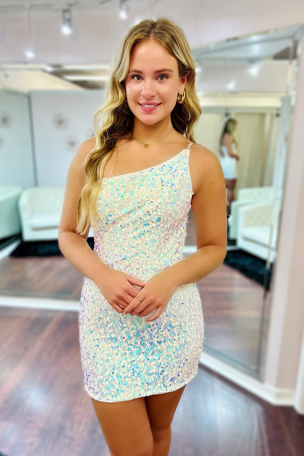 Dressystars Homecoming Dress Open Back One Shoulder Sequin Tight Short Prom Dress