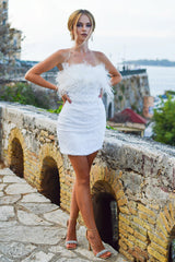Dressystars Homecoming Dress Strapless Prom Dress with Feathers