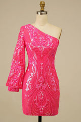 Dressystars Hot Pink Homecoming Dress Beaded Sequin One Shoulder Tight Prom Dress