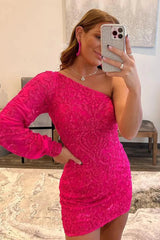 Dressystars Hot Pink Homecoming Dress Beaded Sequin One Shoulder Tight Prom Dress