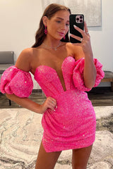 Dressystars Hot Pink Homecoming Dress Corset Detachable Sleeves Tight Short Prom Dress