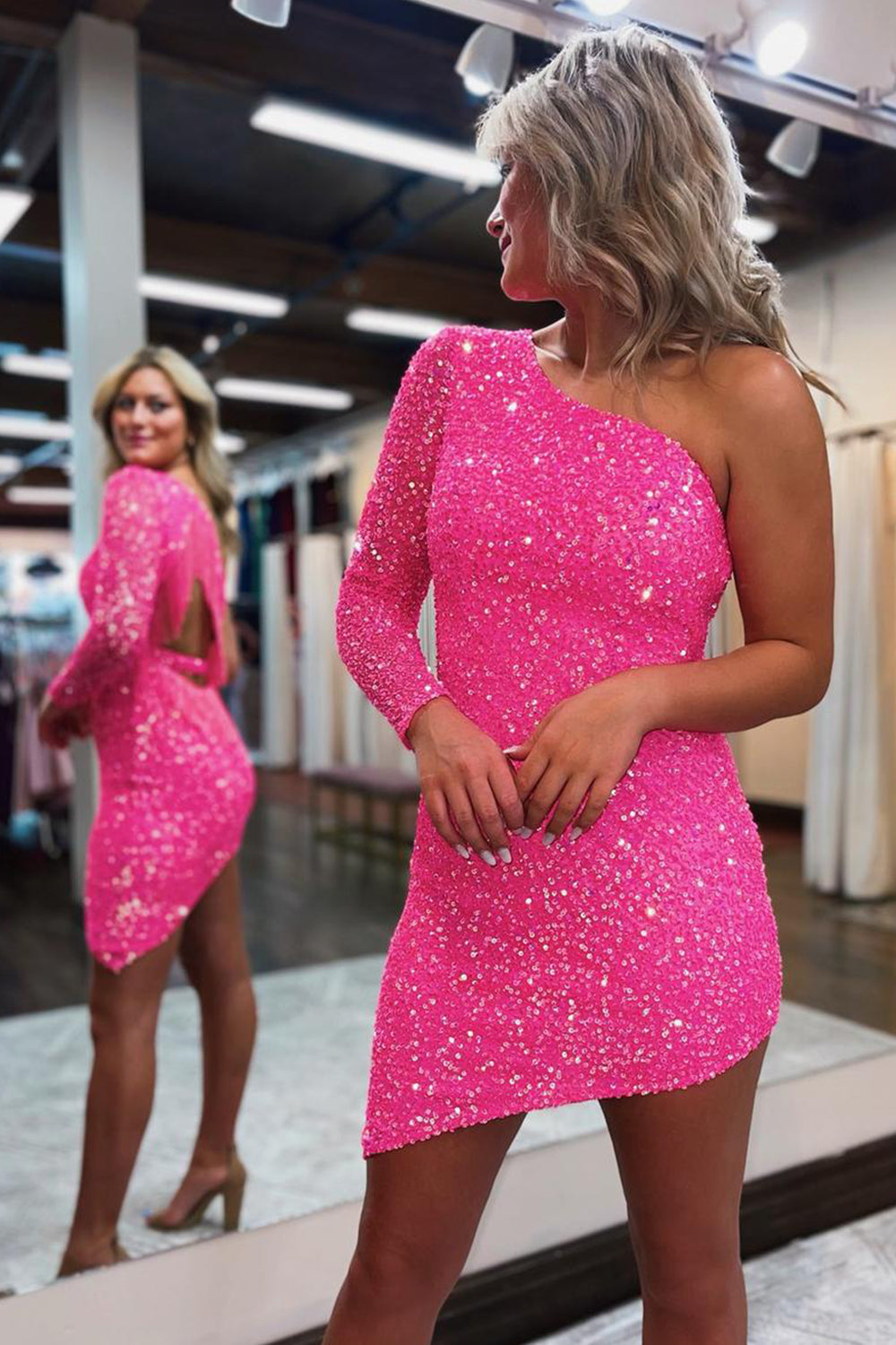 Dressystars Hot Pink Homecoming Dress One Shoulder One Sleeve Tight Prom Dress with Fringes