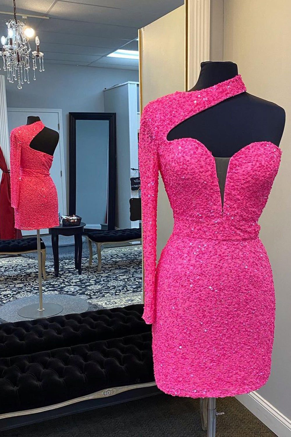 Dressystars Hot Pink Homecoming Dress One Shoulder One Sleeves Tight Sequin Short Prom Dress
