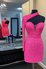Dressystars Hot Pink Homecoming Dress One Shoulder One Sleeves Tight Sequin Short Prom Dress