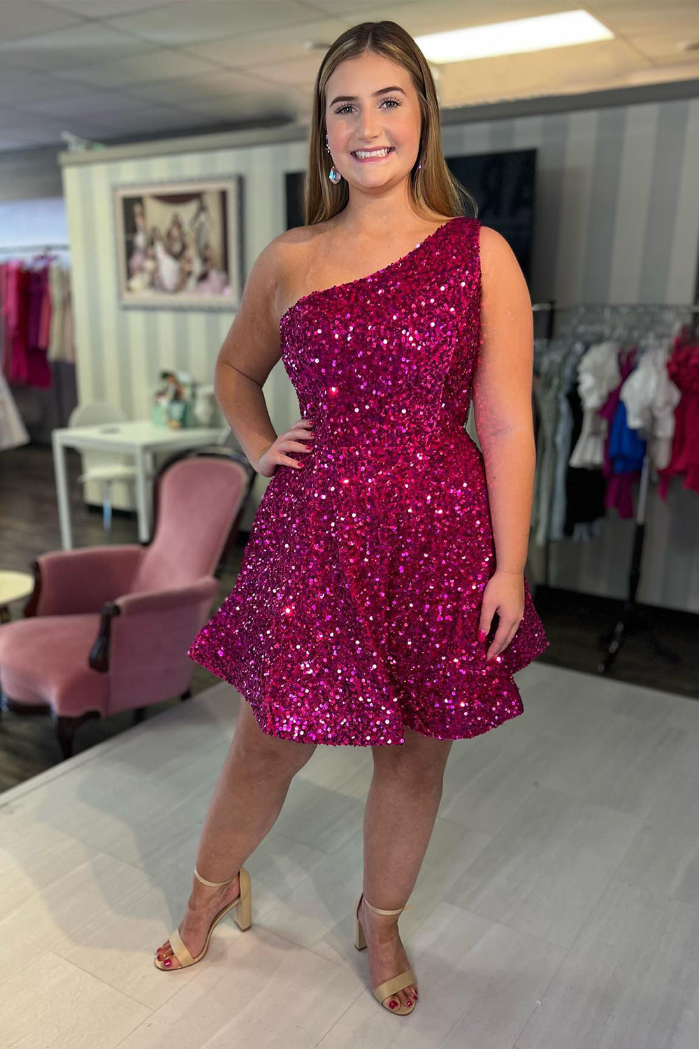 Dressystars Hot Pink Homecoming Dress One Shoulder Sequin Short Prom Dress