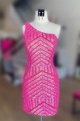 Dressystars Hot Pink Homecoming Dress One Shoulder Sequin Tight Short Prom Dress