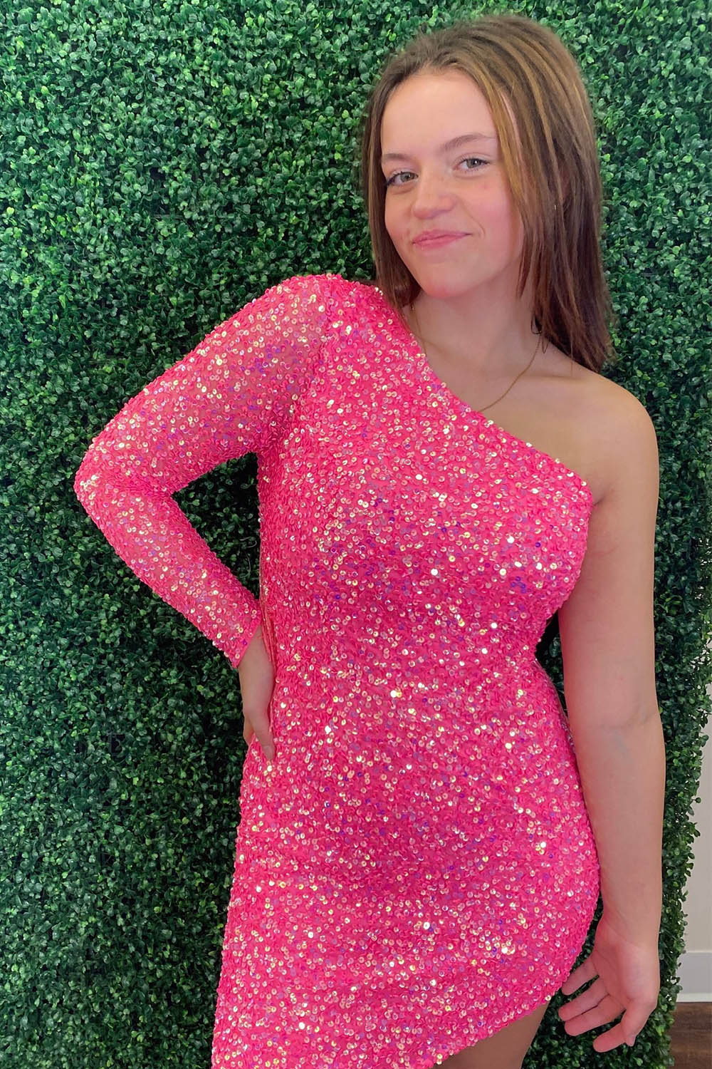 Dressystars Hot Pink Homecoming Dress One Shoulder Tight Sequin Prom Dress with Fringes