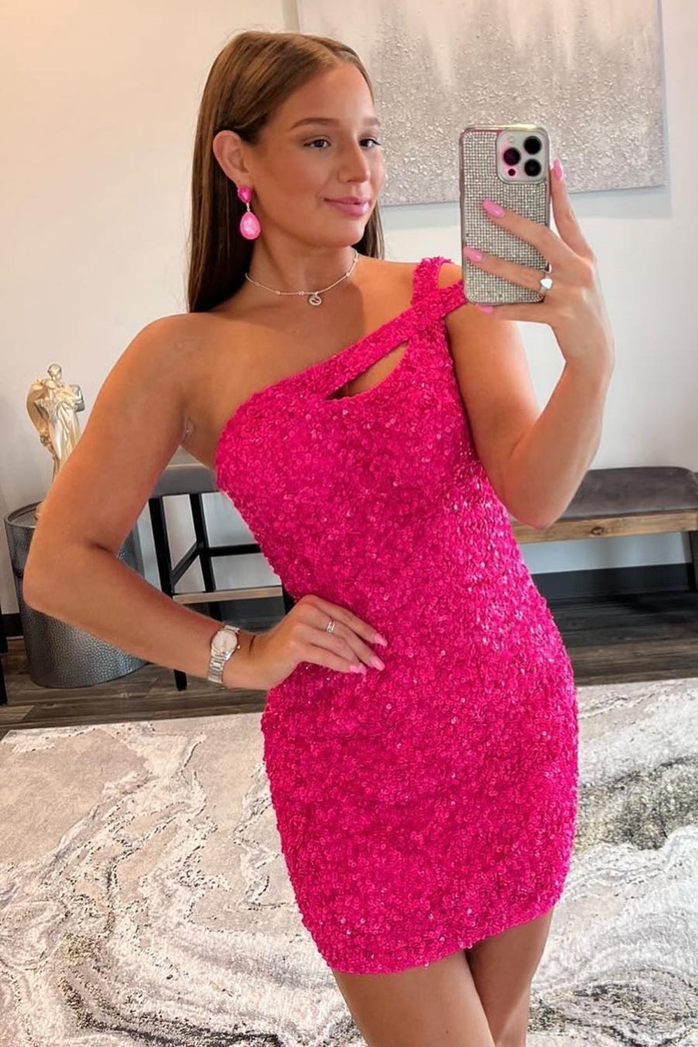 Dressystars Hot Pink Homecoming Dress Open Back One Shoulder Tight Sequin Prom Dress