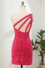 Dressystars Hot Pink Homecoming Dress Open Sequin One Shoulder Tight Prom Dress