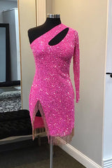 Dressystars Hot Pink Homecoming Dress Sequin Beaded Cut Out Tight Short Prom Dress with Fringes