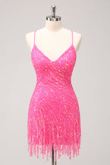Dressystars Hot Pink Homecoming Dress Sequin Spaghetti Straps Tight Short Prom Dress With Fringes