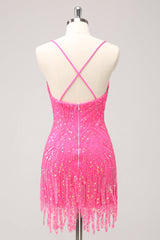 Dressystars Hot Pink Homecoming Dress Sequin Spaghetti Straps Tight Short Prom Dress With Fringes