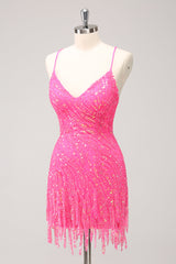 Dressystars Hot Pink Homecoming Dress Sequin Spaghetti Straps Tight Short Prom Dress With Fringes