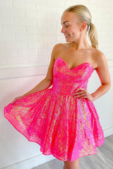 Dressystars Hot Pink Homecoming Dress Sequin Sweetheart A-Line Short Prom Dress