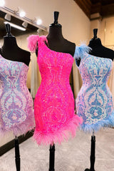 Dressystars Hot Pink Homecoming Dress Sequin Tight Short Prom Dress With Feather