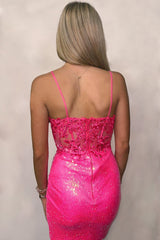 Dressystars Hot Pink Homecoming Dress Sequin Tight Short Prom Dress with Lace