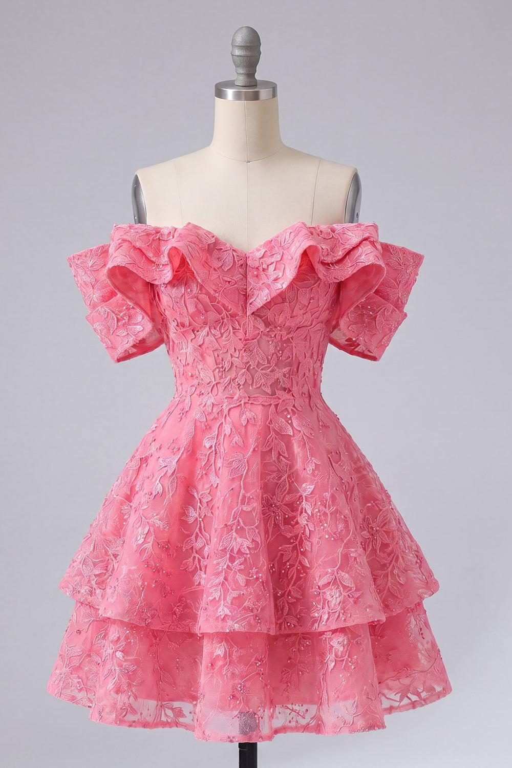 Dressystars Hot Pink Lace Beaded Ruffled Off The Shoulder A Line Short Homecoming Dress