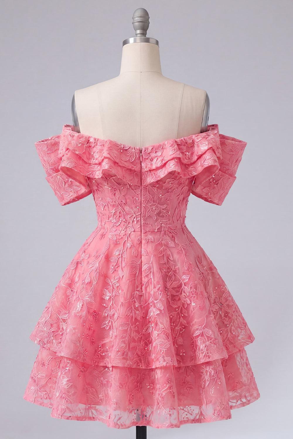 Dressystars Hot Pink Lace Beaded Ruffled Off The Shoulder A Line Short Homecoming Dress