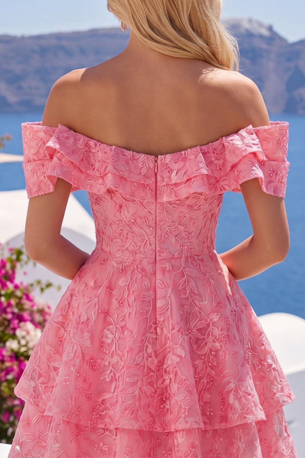 Dressystars Hot Pink Lace Beaded Ruffled Off The Shoulder A Line Short Homecoming Dress