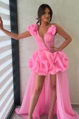 Dressystars Hot Pink One Shoulder A-Line High-Low Organza Homecoming Dress with Ruffles