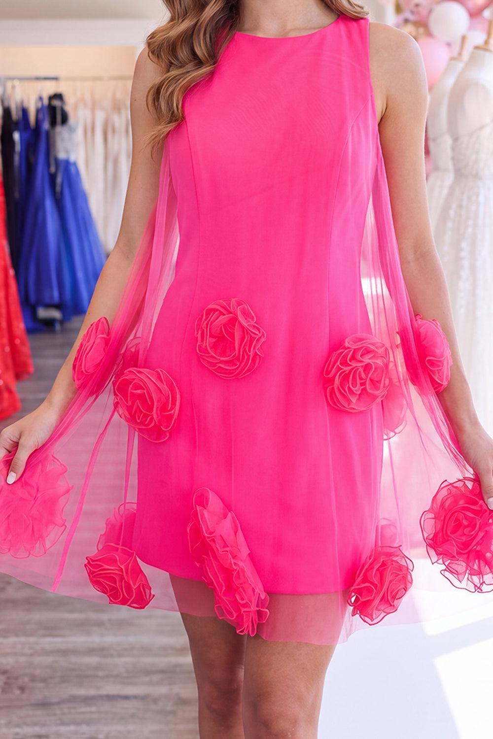 Dressystars Hot Pink Round Neck Bodycon Short Homecoming Dress with 3D Flowers