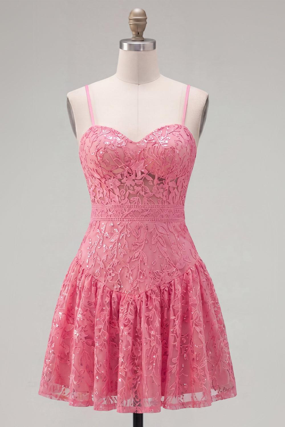 Dressystars Hot Pink Short Lace Sequin Spaghetti Straps A Line Homecoming Dress with Bow