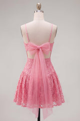 Dressystars Hot Pink Short Lace Sequin Spaghetti Straps A Line Homecoming Dress with Bow