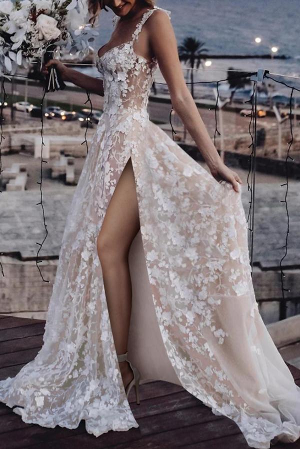 Dressystars Ivory A Line Spaghetti Strap V Neck Sleeveless Lace Tulle Bridal Gown With High Slit