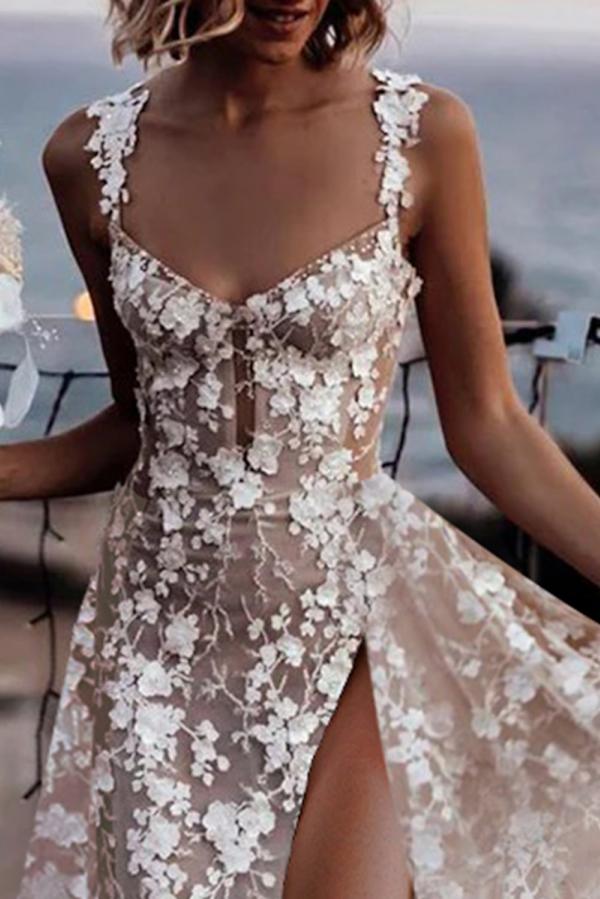 Dressystars Ivory A Line Spaghetti Strap V Neck Sleeveless Lace Tulle Bridal Gown With High Slit