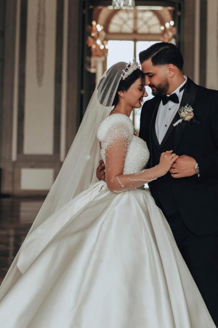 Dressystars Ivory A Line Square Neck Satin Glitter Bridal Gown With Sleeves