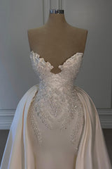 Dressystars Ivory A Line Strapless Sleeveless Beaded Panel Train Ruffle Satin Bridal Gown