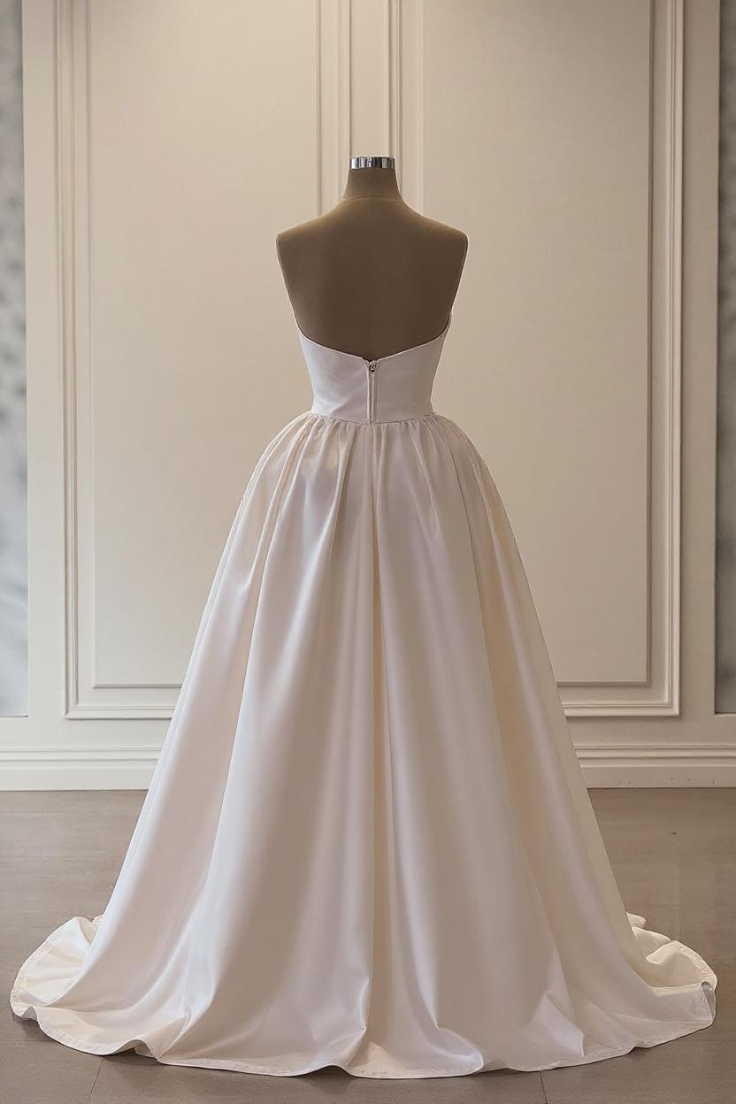 Dressystars Ivory A Line Strapless Sleeveless Beaded Panel Train Ruffle Satin Bridal Gown