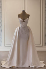 Dressystars Ivory A Line Strapless Sleeveless Beaded Panel Train Ruffle Satin Bridal Gown