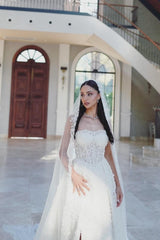 Dressystars Ivory A Line Strapless Sleeveless Front Spilt Tulle Bridal Gown With Appliques