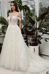 Dressystars Ivory A Line Wedding Dress Off The Shoulder V Neck Sleeveless Bridal Gown With Lace